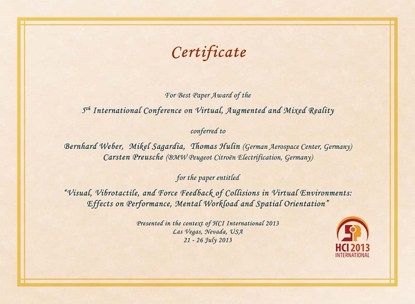 Certificate for best paper award of the 5th International Conference on Virtual, Augmented and Mixed Reality. Details in text following the image