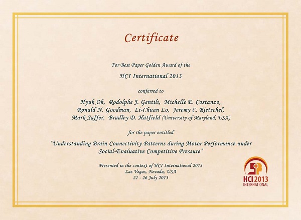 HCI International 2013 Best Paper Certificate. Details in text following the image.