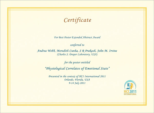 Certificate for Best Poster Extended Abstract Award. Details in text following the image